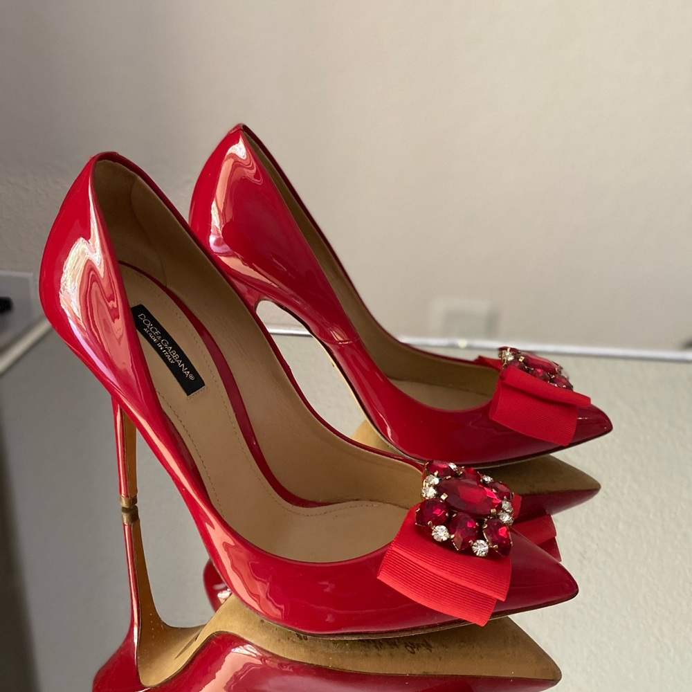 Dolce & Gabbana Red Patent Leather Crystal Bow Pumps